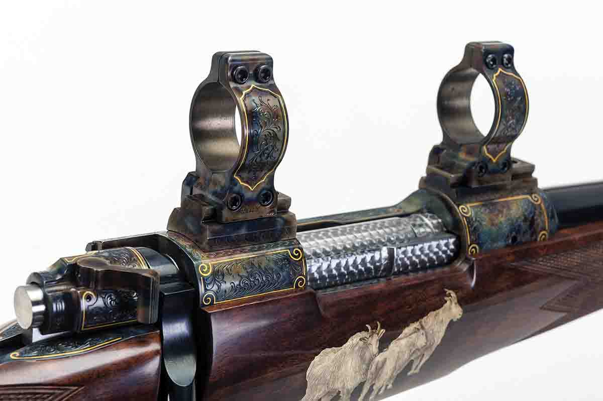 This custom rifle built by Tony Galazan on a Dakota action is heavily engraved and gold-inlaid, with matching scope mounts – a no-holds-barred showpiece that, alas, will probably never see the field.